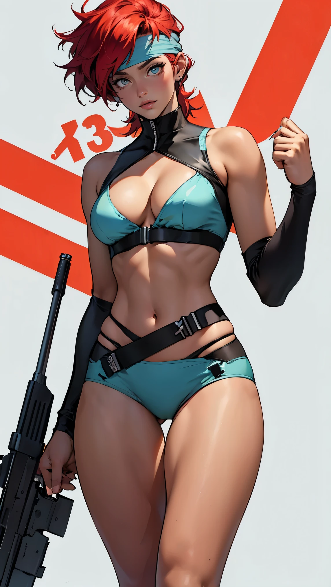 ((Masterpiece, highest quality; 1.3)), super quality, beautiful detail, super detailed, extra fine, 16K, exquisite, absurd, high resolution, beautiful background, detailed background, beautiful eyes, beautiful skin, anime style, Kay from Dirty Pair in a white outfit, tight outfit, cleavage, bushy redhead beauty, very light blue uniform, wearing tight clothes, skimpy, (mid chest: 1.2), cleavage, cleavage, slim waist , thin waist, slim thighs, thin legs, slim legs. thigh gap, showing stomach, skinny, thin hips, cyberpunk city background, holding retro space gun , headband,