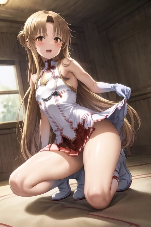 ((Best Quality)), ((masterpiece)), (be familiar with), Perfect Face, indoor, bedroom, Watching the audience,
One woman, Yuuki Asuna,
Open Mouth, Ecstatic expression, blush, smile,
Small breasts, Flat Chest, , , child, Girl,
Long Hair, Long Hair,
Leg spread,