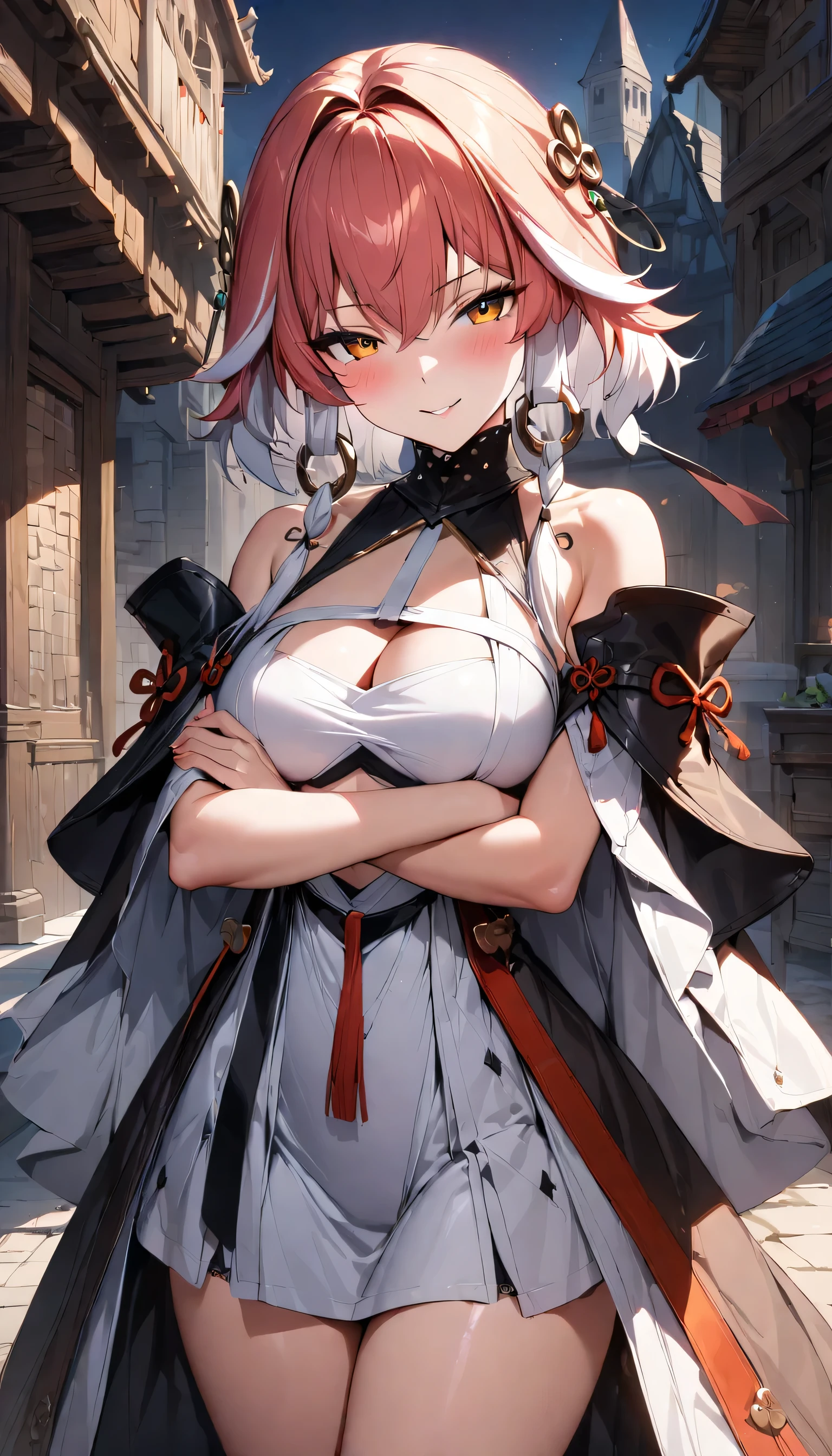 (masterpiece),(best quality),(ultra-detailed),(best illustration),(best shadow),(absurdres),(detailed background),(very aesthetic), changli(wuwa), 1girl, breasts, solo, dress, cleavage, orange eyes, looking at viewer, bare shoulders, white dress, medium breasts, blush, red hair, streaked hair, white hair, seductive smile, from the front, cowboy shot, crossed arms, medieval city background, night, 