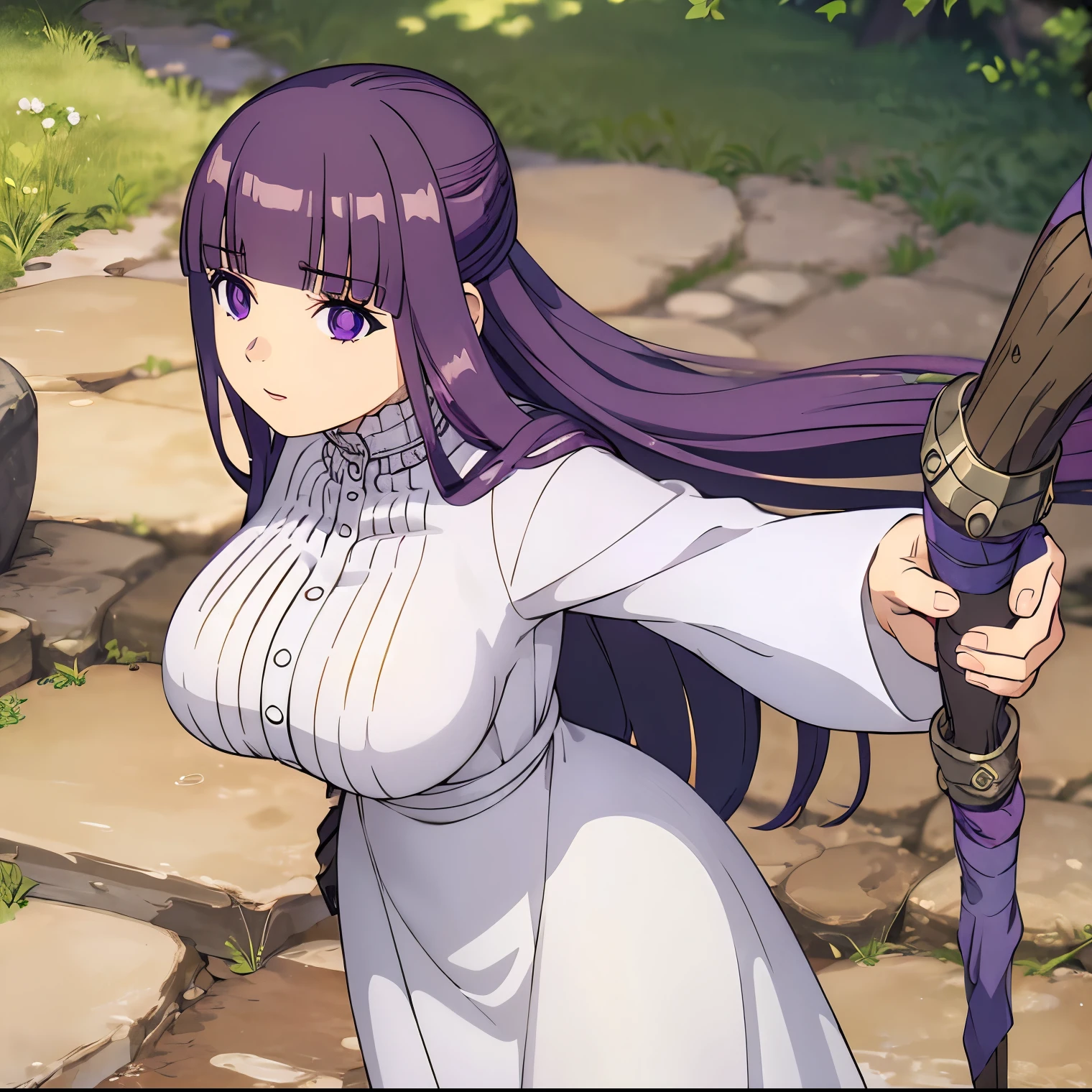 ((1girl)),((alone)),Fern, \(Sousou_no_frieren \),(masterpiece), (best quality), (ultra detailed), (best illustration), (best shadow), (absurdities), focus sharp, cowboy shot, atmospheric perspective, depth of field, dynamic posture, ((looking at viewer)), large breasts, narrow waist, wide hips, medium thighs, round butt, erotic, romantic, (highly detailed eyes, lips 1.1), highly detailed eyes, eyes, Highly detailed face, Very beautiful face, Symmetrical face, Aesthetic face, perfect face, perfect eyes, detailed eyelashes: 1.5), full height, beautiful slim figure, femininity, expressive appearance, big elastic breasts, sexuality, parted lips, long hair, purple hair, blunt bangs, purple eyes, big breasts, ((long dress:1.3)), ((white dress:1.4)),(( black tunic:1.3)), long sleeves,((sorceress staff:1.2)), wooden staff, medium height, curves, body defined, Perfect and beautiful body, perfect and beautiful, stoic expression, mouth closed, ((serious expression)), blushing, (sexy pose: 1.2), ((solo)), standing: 1.3,((outdoor,fantastic landscape, green plain,grass,trees, dungeon, sunny, clouds,clear sky,)), Looking ahead,((focus on breasts:1.4)), point of view:(from above), perfect anatomy, perfect hands
