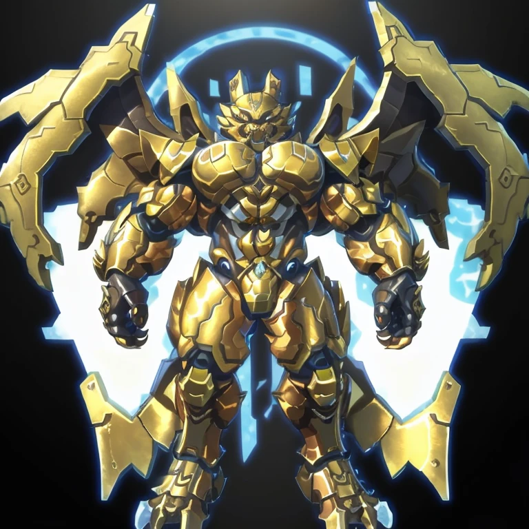 (Bergamo_DB, 8K), (Bergamo_DB's giant robot, Powered exoskeleton with the same design as Bergamo_DB), (Masterpiece, highres) (Detailed head, Detailed Body, Detailed abs, full body) (gigantic muscles, Gigachad Muscular, big muscle, pecs, triceps, traps, unusually developed muscular body, body full of huge muscles. showing off muscles, pectorales enormes, Exaggeratedly huge muscles.) (nj5furry, The claws are sharp, Sharp teeth, sharp claws), (long legs), (Spread wings, It has wings, have big wings, golden wings), (It has wings, whole body shines like metal, Wearing cyberpunk mecha, emphasizes the muscles, suit fully made of metal, intricate armor, Robotic suit, suit fully made of metal, cyborg. golden armor), (golden hyper penis), menacing pose, no face. wearing a full-face helmet. 