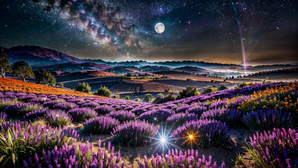 Expansive landscape photograph, (view from below with a view of the sky and the wilderness below), lawyer standing in a flower field looking up, (full moon: 1.2), (shooting star: 0.9), (nebula: 1.3), distant mountain, tree break production art, (warm light source: 1.2), (firefly: 1.2), lamp, purple and orange, intricate detail, volume lighting BREAK (masterpiece: 1.2), (highest quality ), 4k, ultra-detailed, (dynamic configuration: 1.4), highly detailed and colorful details (iridescent: 1.2), (sparkling lighting, atmospheric lighting), dreamy, magical, (solo: 1.2)