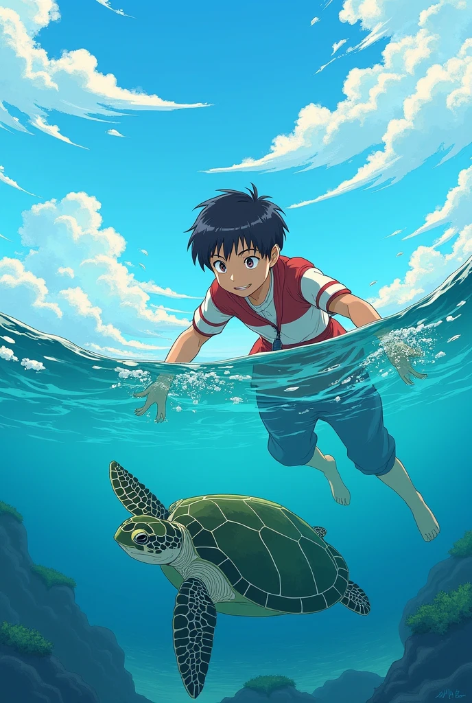 A boy about 4 years old riding a turtle In the sea Picture books Watercolor