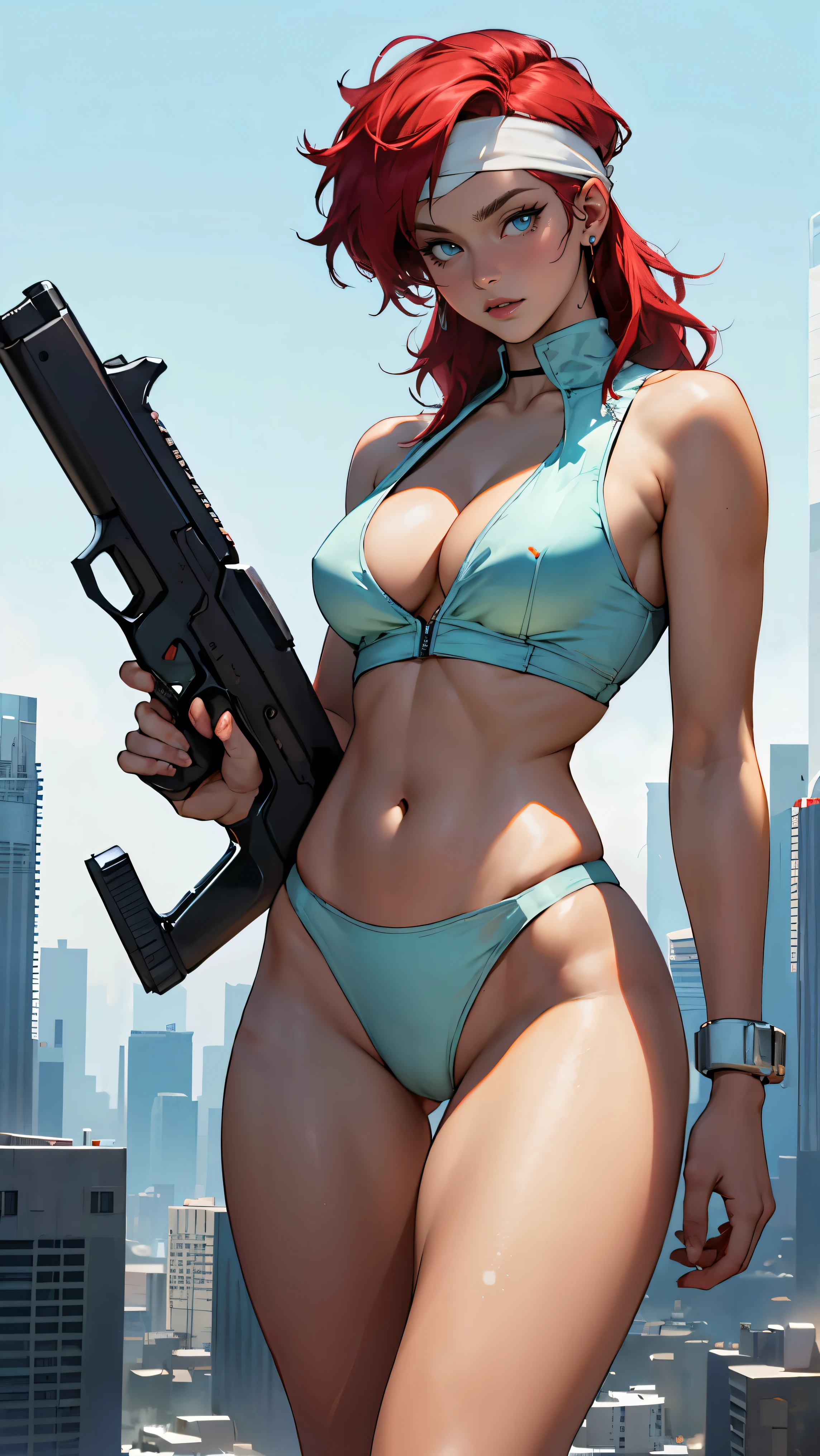 ((Masterpiece, highest quality; 1.3)), super quality, beautiful detail, super detailed, extra fine, 16K, exquisite, absurd, high resolution, beautiful background, detailed background, beautiful eyes, beautiful skin, anime style, Kay from Dirty Pair in a white outfit, tight outfit, cleavage, bushy redhead beauty, very light blue uniform, wearing tight clothes, skimpy, (mid chest: 1.2), cleavage, cleavage, slim waist , thin waist, slim thighs, thin legs, slim legs. thigh gap, showing stomach, skinny, thin hips, cyberpunk city background, holding retro space gun , headband,