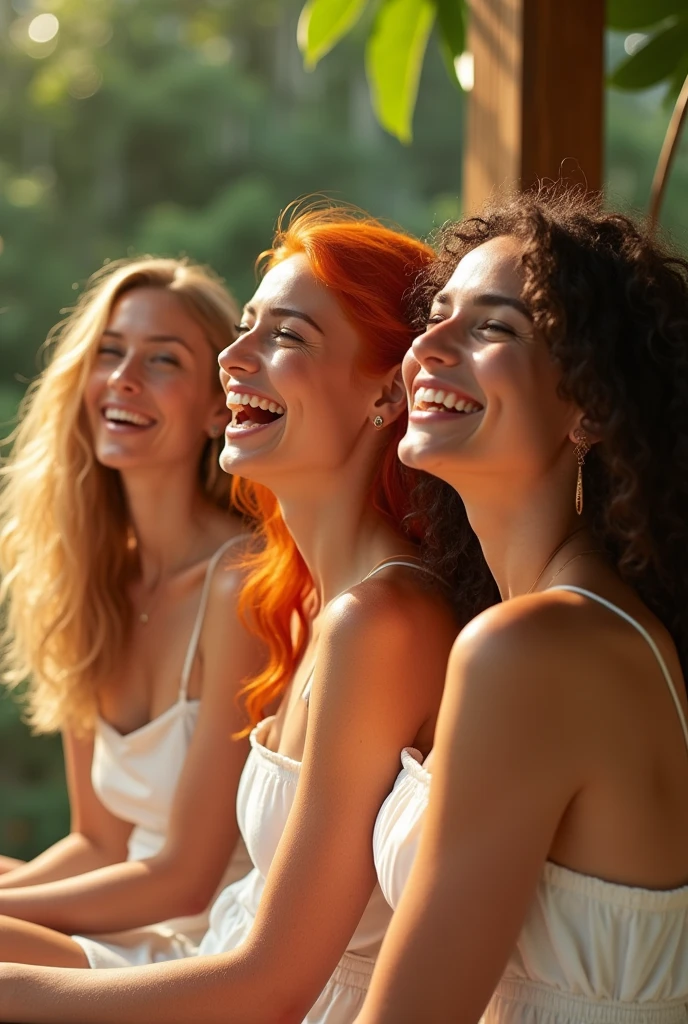 A quartet of friends, one redhead, one blonde, and two brunettes.
