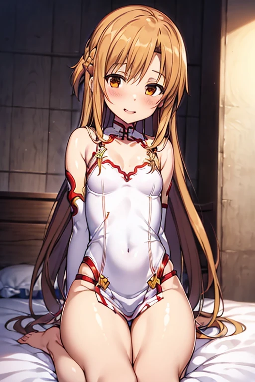 ((Best Quality)), ((masterpiece)), (be familiar with), Perfect Face, indoor, bedroom, Watching the audience,
One woman, Yuuki Asuna,
Open Mouth, Ecstatic expression, blush, smile,
Small breasts, Flat Chest, , , child, Girl,
Long Hair, Long Hair,
Leg spread,