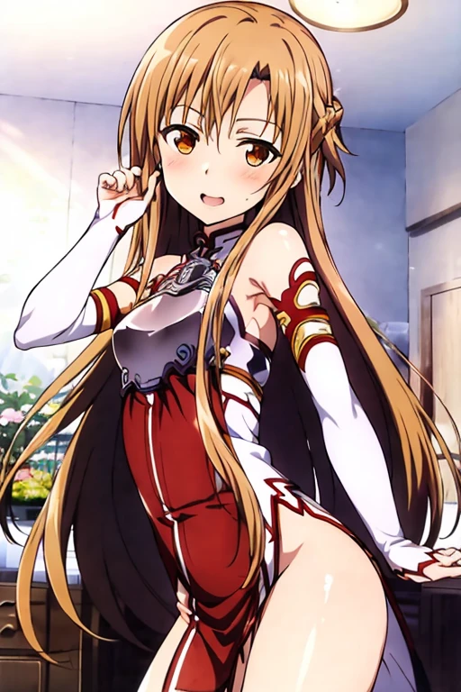 ((Best Quality)), ((masterpiece)), (be familiar with), Perfect Face, indoor, bedroom, Watching the audience,
One woman, Yuuki Asuna,
Open Mouth, Ecstatic expression, blush, smile,
Small breasts, Flat Chest, , , child, Girl,
Long Hair, Long Hair,
Leg spread,