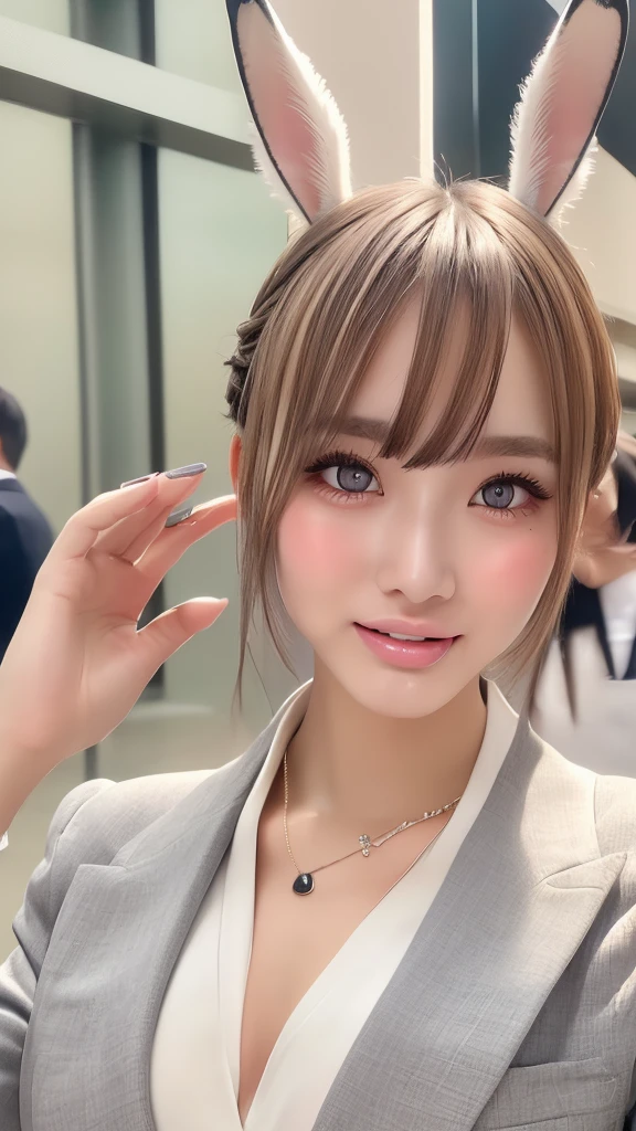 ((Highest quality)), ((masterpiece)), (High-definition photos), (upper ponytail), (Blonde), (bangs),  (beautiful girl), False eyelashes, (Sticking out tongue), (necklace:1.2), (charcoal business suit, bunny ears:1.1), (bulge), (white skin), head tilt, (Blushed:1.3), (upper body), (arms up), wetty lips, Thin eyebrows、(gray eyes:1.1), shibuya center street