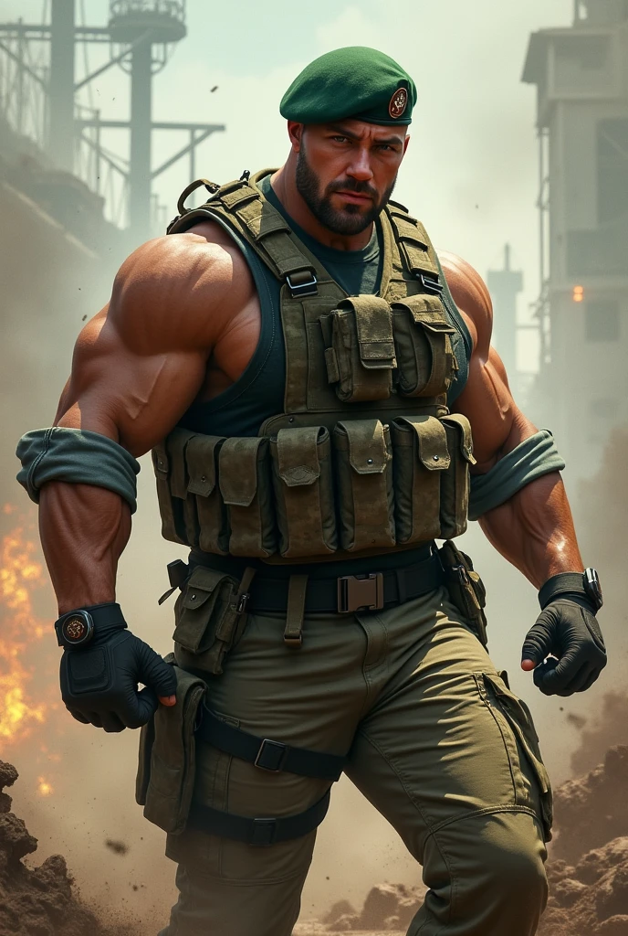 A very handsome big muscular man wearing a soldier combar uniform, with tactical gloves and spec ops green beret, rolled up sleeves, showing biceps, background a battlefield