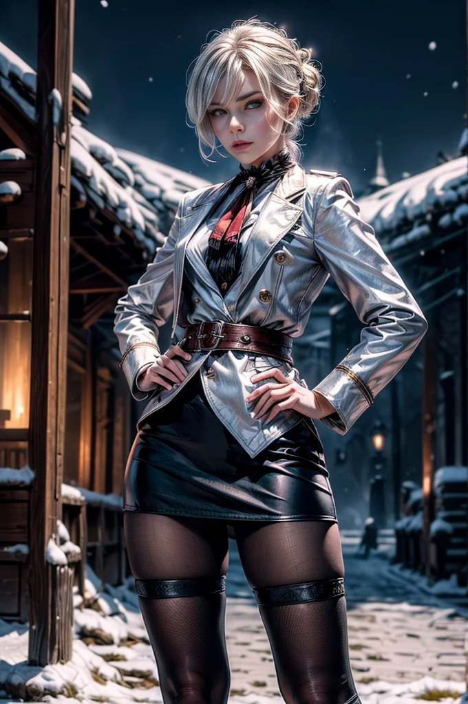 masterpiece,best quality, masterpiece, high detail,detailed face,detailed eyes,rendered eyes,perfect eyes,hip lines,crisp image,detailed,amazing,8k,8k wallpaper,8k background,high detailed skin,high res, (((cowboy shot))), solo, 1girl,looking at viewer,WillowSchnee, white hair tied up in a bun, low on the right side of the back of her head, while her bangs are shaped around the left side of her face and a small, curled lock of hair reaching almost to her shoulders. Her attire consists of a white cravat secured by a silver brooch set with a red stone, as well as a light purple jacket with light sleeves, a wide belt around her waist, a matching pencil skirt with black tights and slippers. hands on hips, serious expression, night, stars, snow, (broken suspension bridge, near old gothic church), post-apocalypse, dystopian future, crowd, (crowd in military uniforms), bonfires