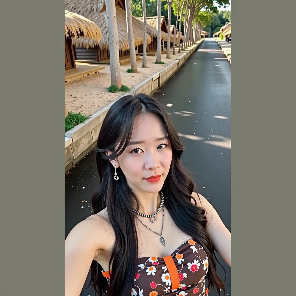 featuring a young woman sitting gracefully on a sandy road. She wears modern clothes with a traditional touch., wearing a white strapless top and brown and orange batik cloth. She also wore light gray high heels.. Her appearance is elegant with long, loose hair and accessories in the form of earrings and simple but attractive hair ornaments.. In the background, It looks like a rural atmosphere with traditional houses that appear to be made of wood and thatched roofs.. This photo combines modern and traditional elements in a tranquil rural setting..