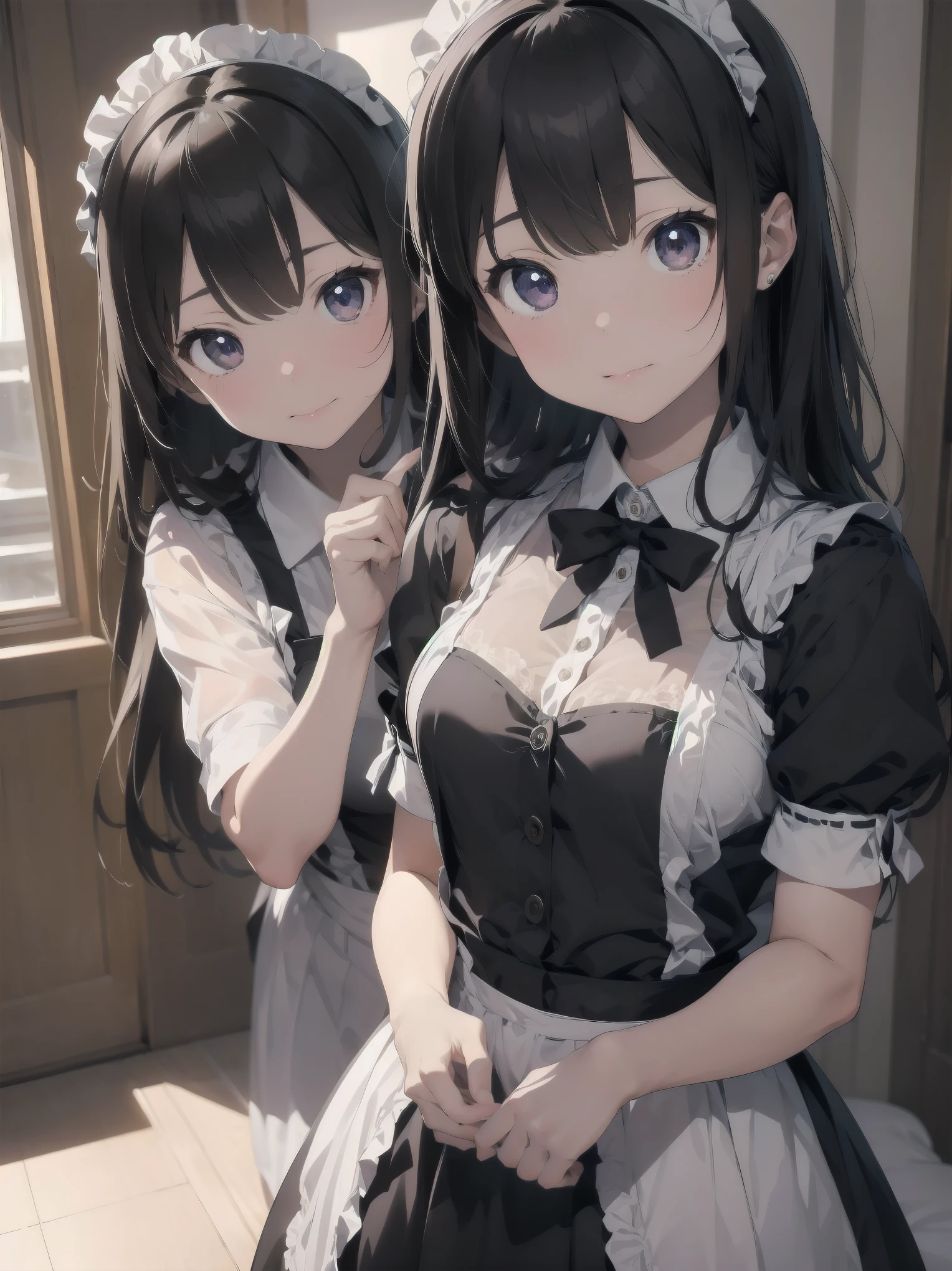 Harem Multiple Girls Smiling Best Quality Masterpiece Long Hair Ponytail Twin Tails Maid School Big Tits