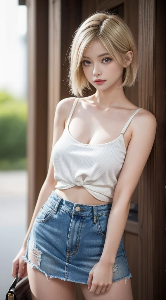 Young girl with short blonde hair, with blue eyes, , mini skirt, transparent white top