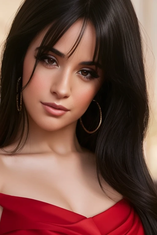 (masterpiece, best quality, photorealistic realistic,  8k ultra realistic), 1 woman, black hair, brown eyes, red dress, looking at viewer, long hair