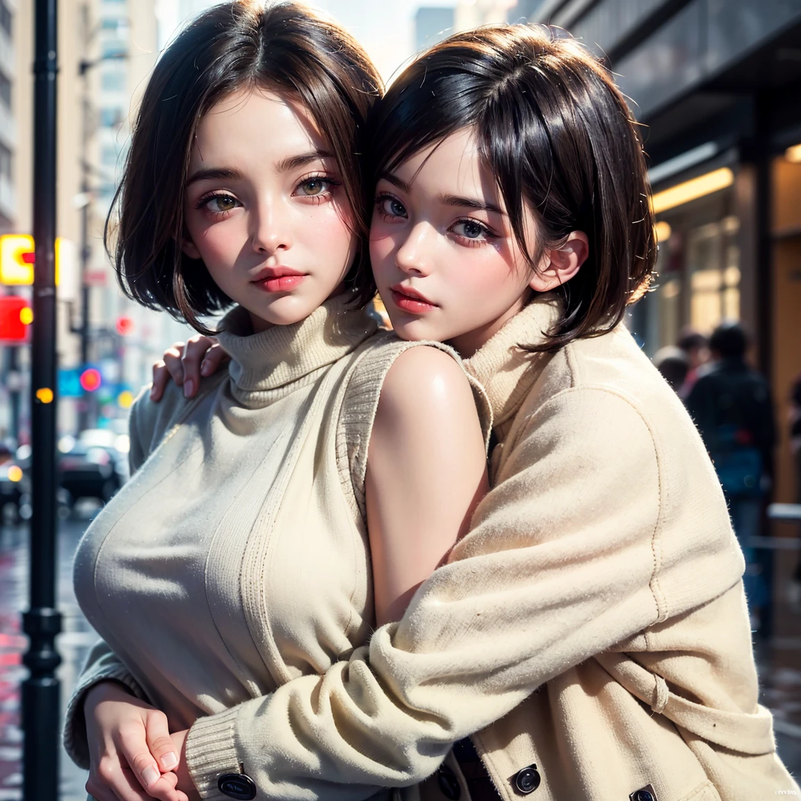 Two people facing each other and hugging happily、Two people hugging each other happily、Two people hugging each other tightly、Both of them stare intently at the camera、Look firmly at the camera、Lesbian couple、Lily couple、((Bring your cheeks together))、Two pretty and pretty girls、​masterpiece、top-quality、realisticlying、realisitic、Seductive bright smile、Both of them have short clean hair with bangs、bangss、bangss、Both have short hair、clean hair with bangs、Short sleeve collar shirt with collar、Collared shirt、(Plaid pleated skirt)、enticing eyes、Both have very large breasts、very Bigger breasts、Big ass、big breasts thin waist、(cleavage of the breast)、(Immaculate white background with nothing really)、(24 year old）、ighly detailed、Very tall、neck long、the neck is long、Straighten your back、Put your ears out、Highlights in the eyes、lipgloss、glowy skin、White-colored skin、Clean collarbone、closes mouth、Close your mouth and smile、Happily、Nice proportions、lovely、Charming and endearing、Colorful random collar shirt、Colorful random color skirt、Do not add shadows、No shadows