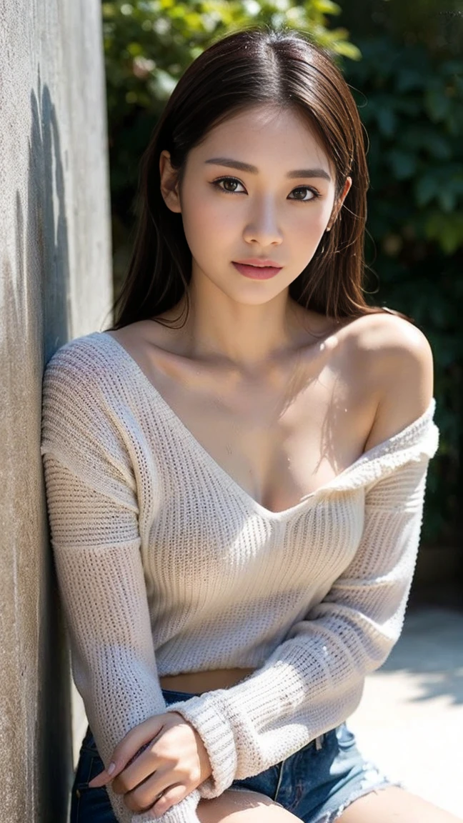 (Strong-willed beauty)、Best Quality, 8K, 32K, masutepiece, nffsw: 1.3), Attractive Japan Woman Pictures, One girl, (Full body : 1.2), Abs, Perfect body, (Oversized off-shoulder rib-knit sweater : 1.1), (long boots:1.1), hyperdetailed face, Detailed lips, Fine eyes, Double eyelids,Short hair,disheveled hair,、(NSFW)