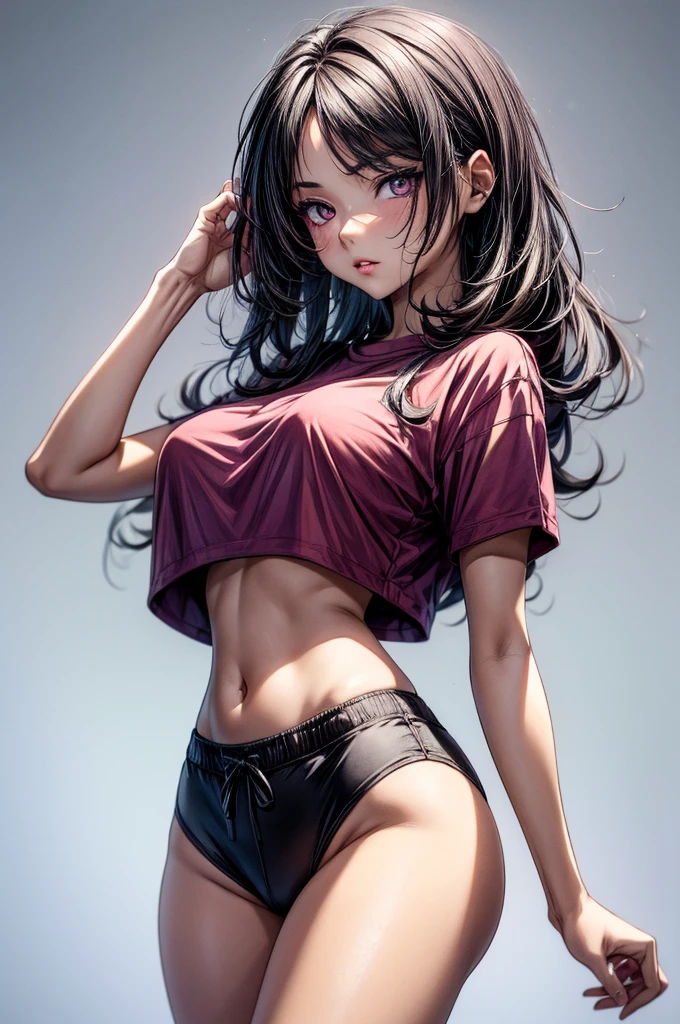 (Sketch)), ((Watercolor)), ((best quality)), ((masterpiece)), (detailed), 4k image, anime style, beautiful young girl, tanned white skin, sharp facial features, arrogant and disdainful expression, oval shaped face, full cherry pink lips, big round and mesmerizing velvet colored eyes, D-cup breasts, slender and curvy body, crop top T-shirt, dolphin track shorts, Flowing Sleek dark violet-black hair , small narrow waist, full curvy hips, tall height(175cm), front view