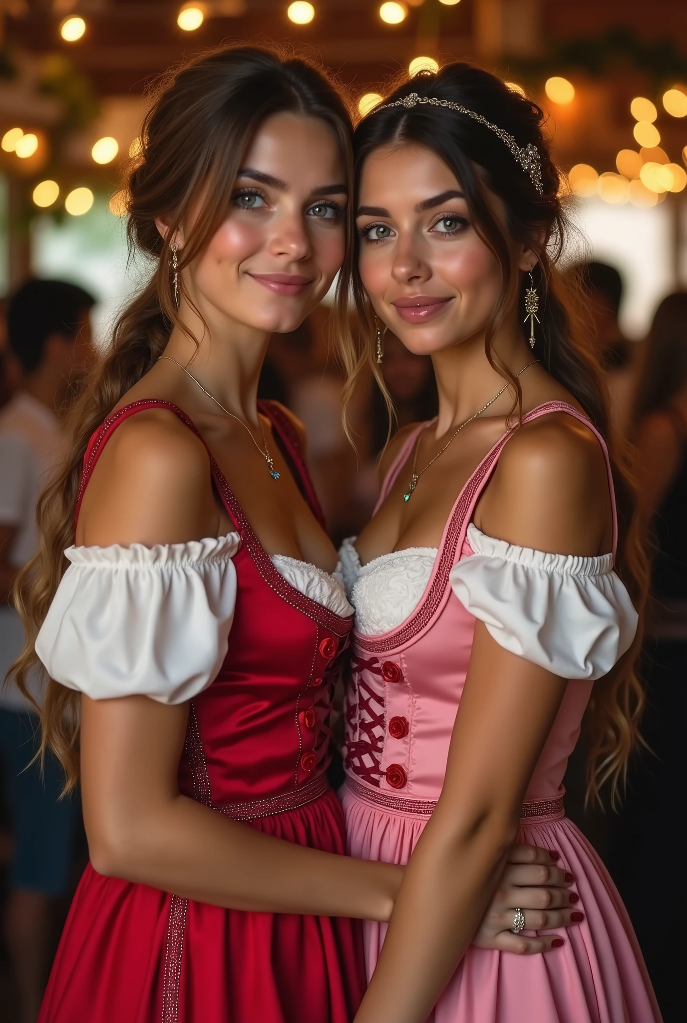 2 agers of different styles, kissing, with big breasts, drunk on the street in France, with wet bodies, very happy, drinking beer, floor with reflection, strong wind, crowd watching them.