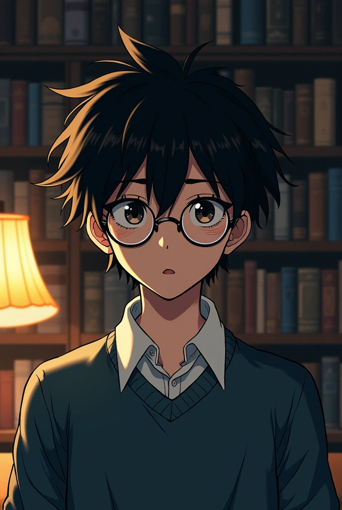 a manga type boy with black hair and dark circles wearing glasses in a library background