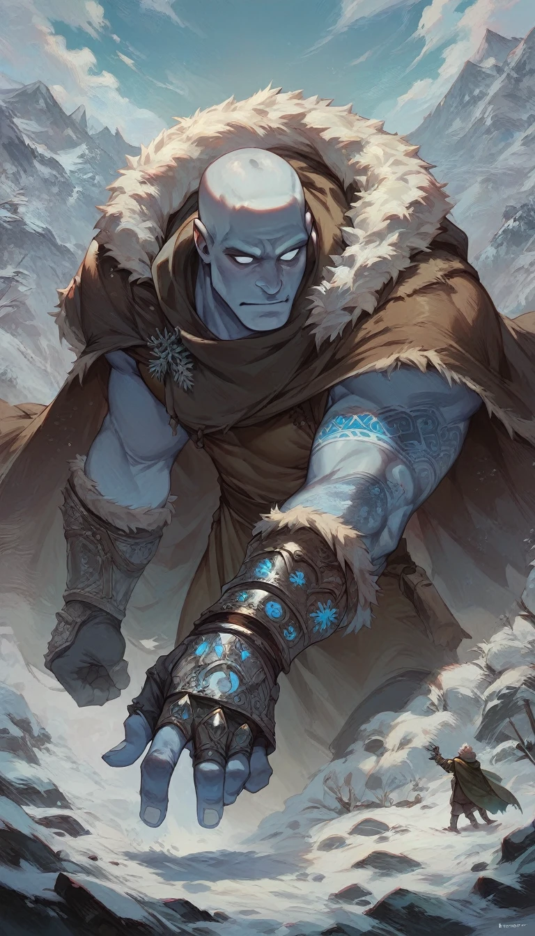 score_9, score_8_up, score_7_up, score_6_up, 1man, frost giant, bald, ((blue skin)), tattoos, white eyes, white sclera, brown tunic, cape, fur-trim, gauntlets, snow