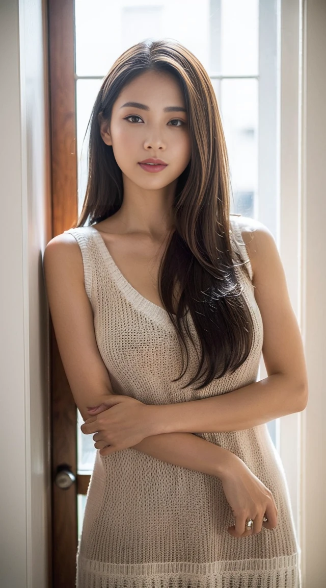 top-quality, 8K-Picture, Japanese lady in Perfect Style, small breasts, very thin waist, Slim abs, (:1.4), cute eyes, Double eyelids, long wavy hair, Very delicately drawn face, tight knit dress, (photogravure idols:1.4), Subtle smile or shyness, 