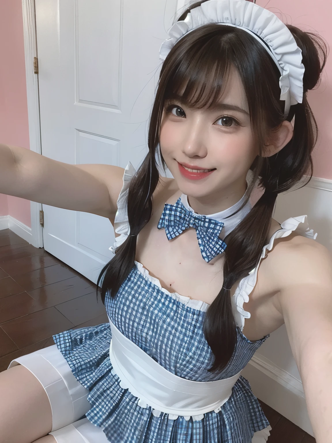 ((photoRealstic,gymnastics sister,20yr old,Very cute adult woman,(with round face:1.5)、1 persons,独奏、Put away your toys,clean,pink apron,Beautuful Women、(full body Esbian、Thigh close-up:1.4),A big smile staring at the camera,The background is a nursery playroom))、(light skinned,A slender,Big breasts,Cute animal illustration on pink apron,(Underwear、Pale light blue bra:1.8)、are visible,Gentle beauty,maternal,Warm smile,poneyTail),(Baby playroom on light color background, Background is a toy room, Playful and cheerful background、 The background is the whole room, Bright room, Bright color scheme, colourfull、Background is bright colored playground with slides and children's playground, Backgrounds are soft play, The background is a ray center where you can escape from the activities.)),((A detailed face,perfect teeth,White teeth,finerly detailed face,beautiful countenance,Perfect smile,Perfect fingers,Accurate 5 fingers,high-definition RAW color photography, professional photograpy, extremely delicate and beautiful, Extremely detailed,finely detail, Huge file size,Top image quality,8K))