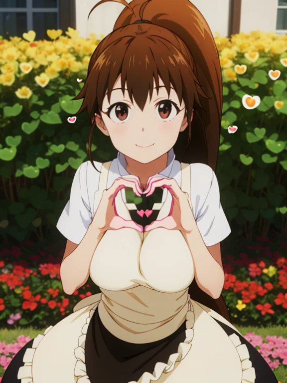 (masutepiece, Best Quality, hight resolution, nffsw, Perfect Pixel, depth of fields, 4K), Beautiful anime girl, Perfect body, ,best quality, masterpiece, highres, solo, (popura taneshima, long hair, brown hair, (brown eyes:1.5), ponytail, ahoge,
apron, waitress, short sleeves, skirt, black skirt,,, (heart hands:1.6), flower garden, many flower
 (large boob1.2), smile 

