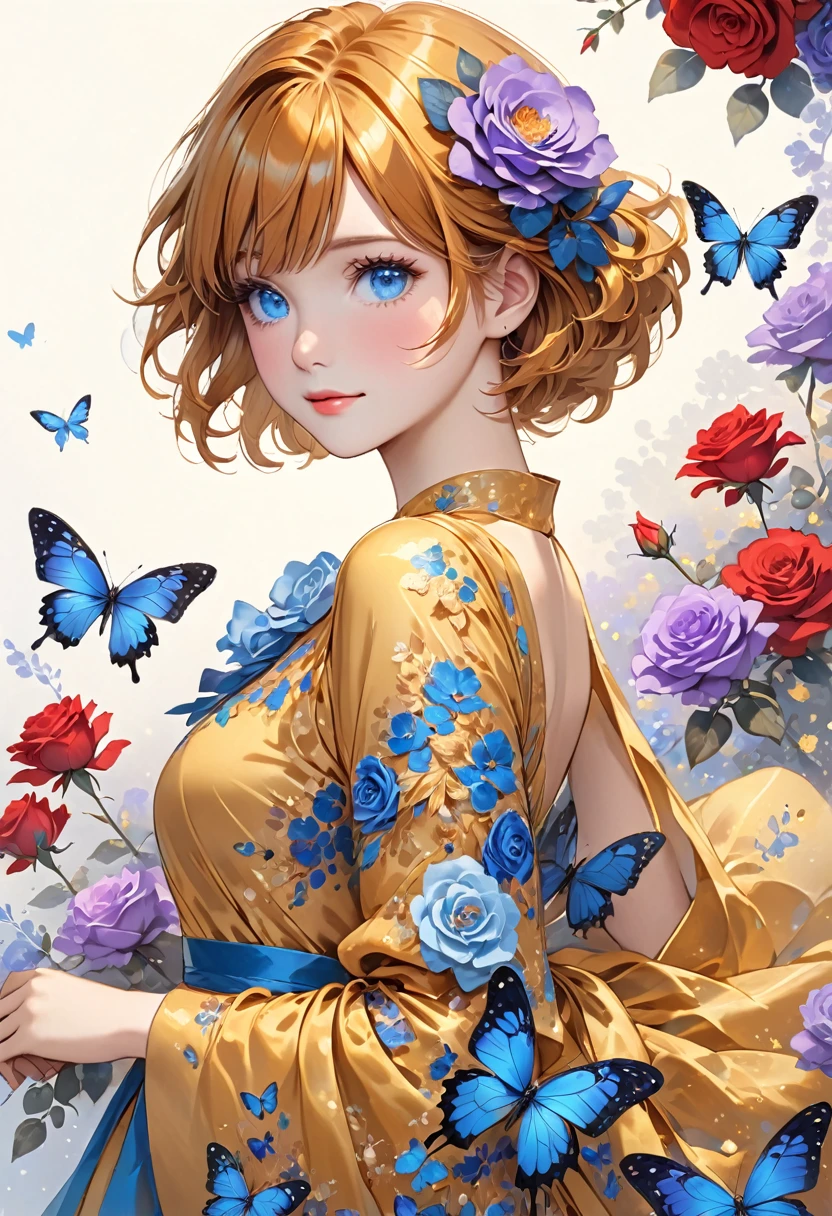 One girl in a light blue, purple butterfly sleeve dress Girl wearing a golden dress with short golden hair and red hair with blue roses and blue eyes