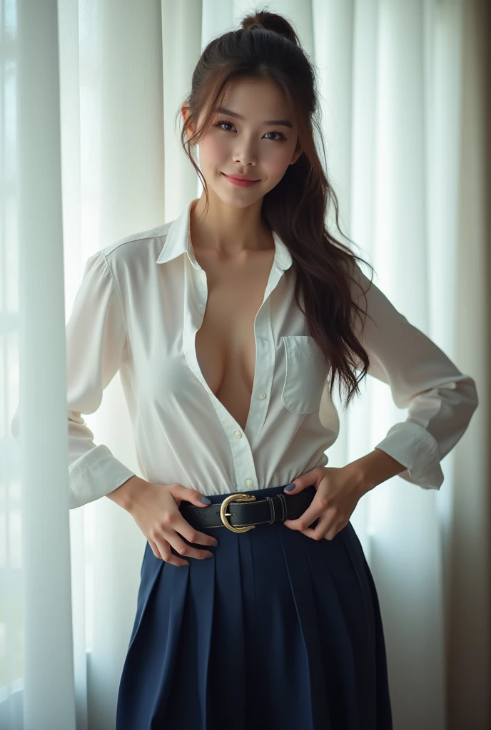 (highest image quality),(16 year old high school girl with an ethical expression)),youth black hair super long hair,typical Japanese,grey brass uniform,armond-shaped eyes,slim body,((large breasts)):1.3,((cleavage)),((very long black hair)),((ponytail)),(black eyes),((real skin)),((small blood vessels can be seen)),a little muscle,narrow_waist,(girl studying by spreading the book on the desk:1.2),chair,desk,school classroom with blackboard background