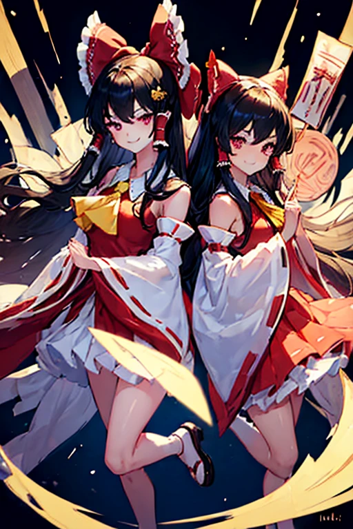 (((((2girl))))),(✨💎:1.4),(hakurei reimu),((black hair,long hair,hair bow ascot hair tubes miko detached sleeves,braun eyes,looking afar,magical light effect,)) (((smile))),full body,Standing on the left side, ((black hair,long hair,hair bow ascot hair tubes miko detached sleeves,purple eyes,looking afar,magical darkness effect)),(((smirk)))full body,Standing on the right side, Standing next to each other in the center of the image,Back to back, contrapposto,insanely detailed,ultra highres,masterpiece,8K,super detailed skin, (detailed beautiful face and eyes),very detailed background,elaborately designed clothes,beautiful artwork,