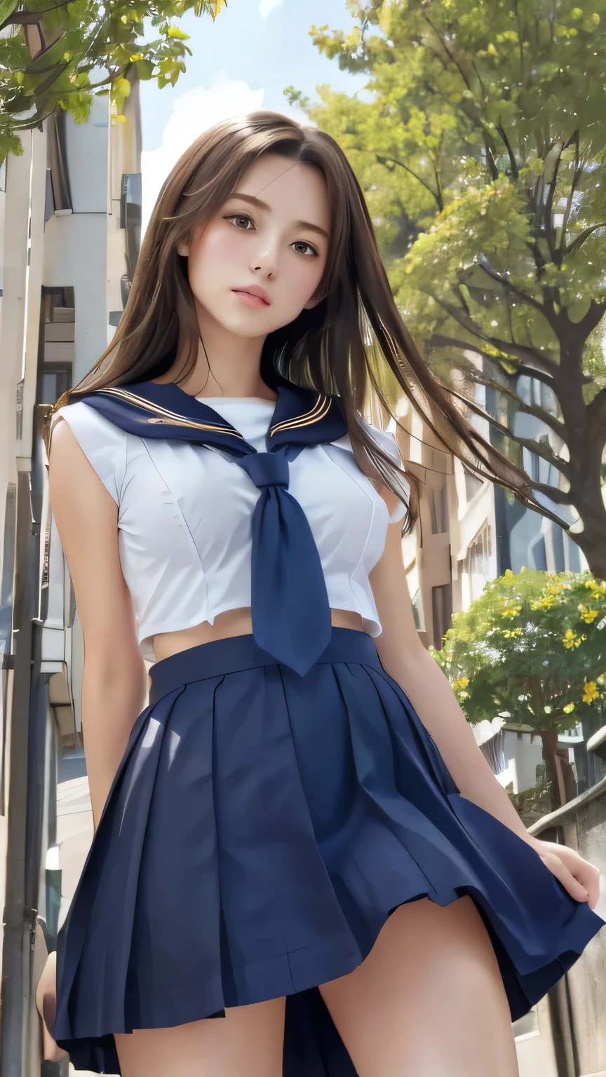 Non-NSFW、Real、(Highest quality), (masterpiece)、Ultra-high resolution、RAW Photos, (upper body), (Tree-lined street:1.5), Fantasy、Looking into the camera、alone、(elemental Sylph:1.1), Beautiful Spirit、Super Beauty, (Mature:1.2), (ars-old:)、Moisturized Skin、Perfect model body、Beautiful Eyes、Big eyes, (brown eyes:1.2)、Inconspicuous tear bags、slim、No bra、Beautiful fingers、Very long hair、highly saturated photos, clavicle, Splash, attractive,skinny, (sad:1.4), no_panties, (Large Breasts:1.6), Nipples, (brown hair), (Waist-length hair:1.5), Small Ass, lips, (sailor uniform:1.5),(Dark blue mini skirt:1.2),(red tie:1.2), (high heels:1.1), (Several poses:1.1), (from below:1.3)