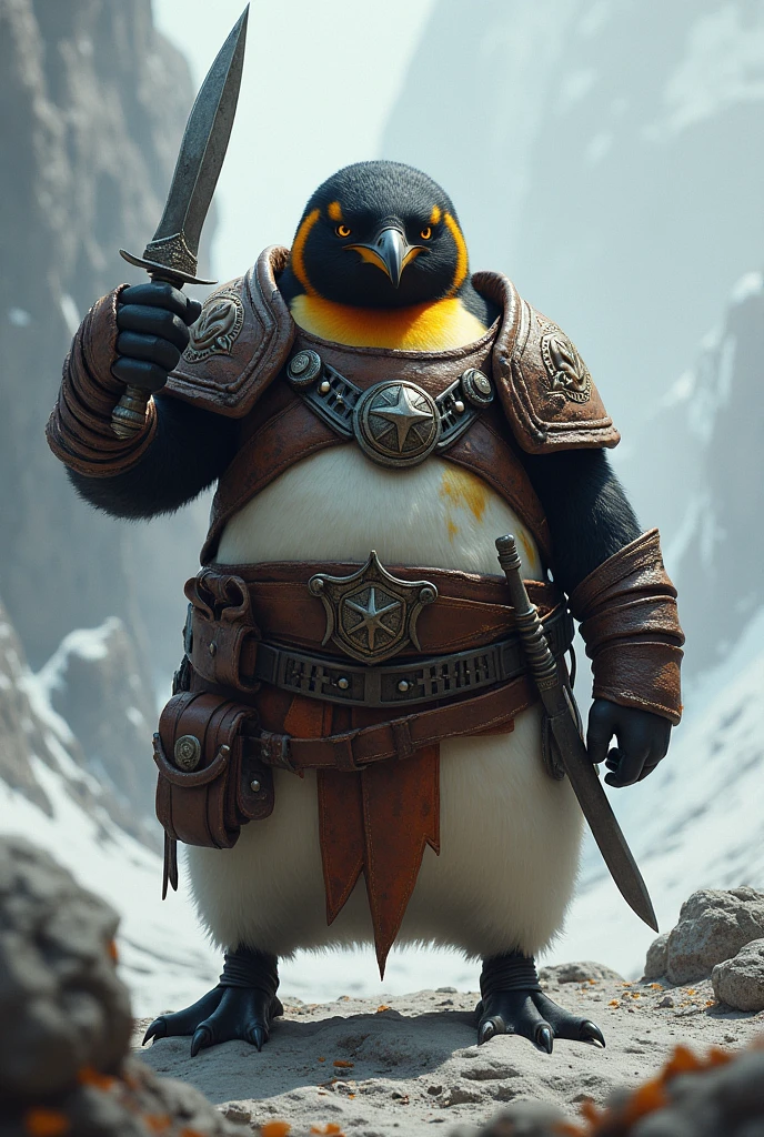 photorealistic portrait of Dressed animals - a ((fat)) penguin warrior,(brave pose), high quality,(lovely) ,intricate detailed giant mechanical arms, highly detailed ((mechanical armor) ,,highly detailed decorations, , (brave), studio lighting,(full body image from head to toe:1.5)
