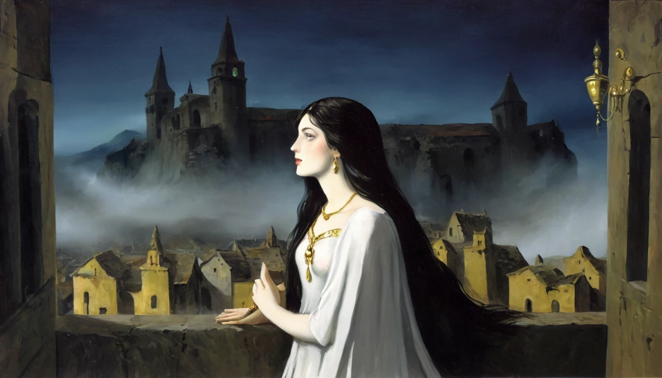 1 very pale skin girl, covered by a white sheet with gold jewelry , long dark hair, souls follow the sound of his bell, ruins of a large foggy medieval city at night in background, detail richness, masterpiece, best quality, painting style