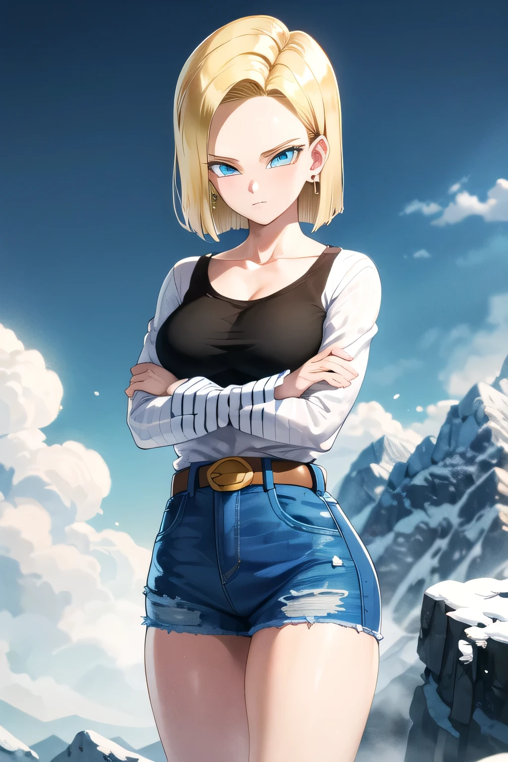 Android 18, 1girl, android 18, solo, blonde hair, blue eyes, short hair, mountain, crossed arms, belt, denim skirt, earrings, (long white sleeves:1.3), jewelry, looking at viewer, standing, shirt, blue skirt, collarbone, black shirt, denim, striped sleeves, breasts, 