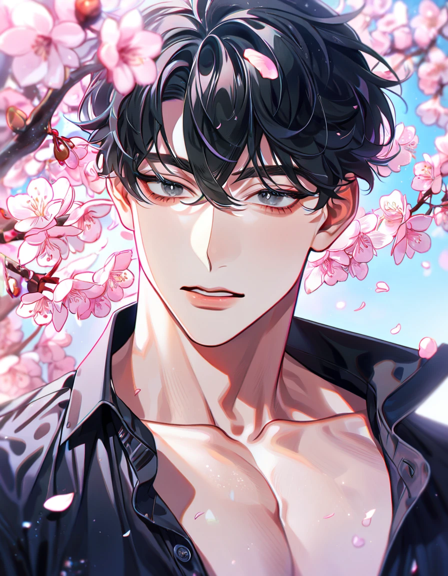 absurdres, highres, ultra detailed, HDR, master piece, best quality, extremely detailed, Seo Seongeun, black hair, undercut, messy hair, with bangs, hair between the eyes, expressive gray eyes, Lookism, solo, sexy man, handsome, sensual, black shirt, unbuttoned shirt, toned body, petals, pink butterflies, cherry blossoms, pink flowers, blue sky