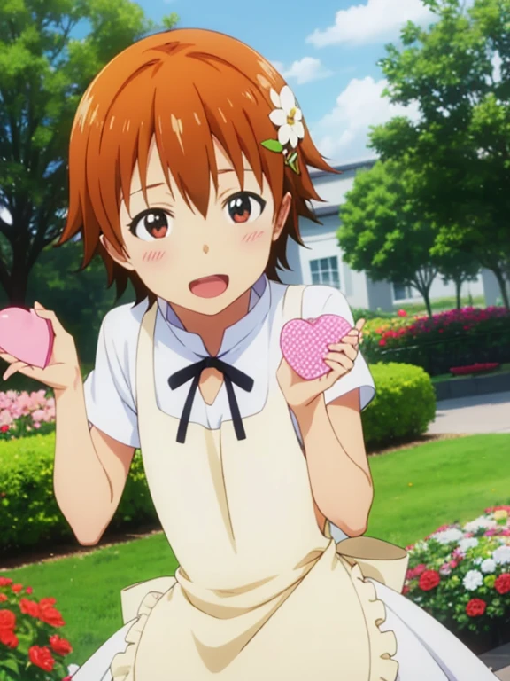 (masutepiece, Best Quality, hight resolution, nffsw, Perfect Pixel, depth of fields, 4K), Beautiful anime girl, Perfect body, ,best quality, masterpiece, highres, solo, mahiru inami, short hair, brown hair, hair ornament, orange hair, hairpin, apron, waitress,,, (heart hands:1.2), flower garden, many flower , smile , open mouth, outdoor,

