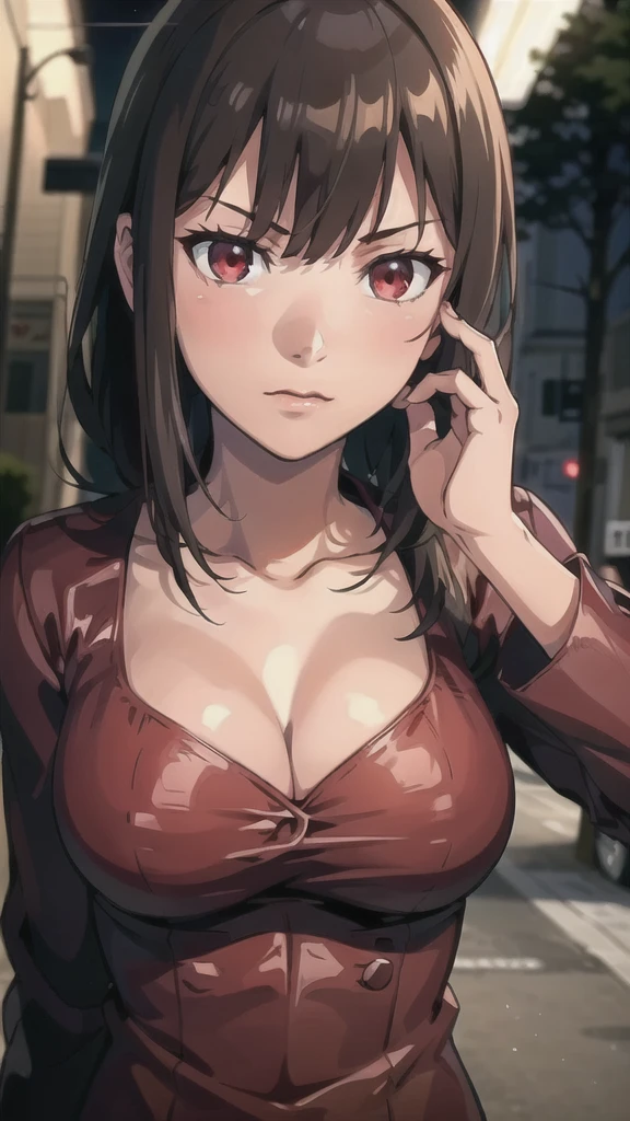 The best quality, realistic, front view, Tokisaki Kurumi on a city street, Evening, Dark, (a ), (wine red leather jacket:1.0), cleavage, big breasts, serious face, (dark hair) (smooth hair:1.1), Perfect face, perfect eyes, (Deep focus), (Clear lighting), (soft lighting:1.0)Beautiful 1 girl, masterpieceTop quality, Anime 8K, 1 girl, Alone, detailed fingers, precise fingers, Not unnatural hands, Strange eye, red eyes, cleavage, Two tails of black hair, Kurumi Tokizaki