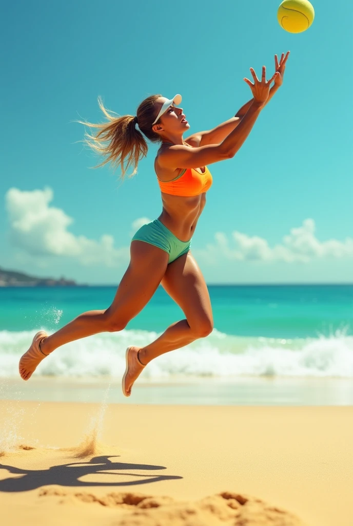 A woman in a T-back bikini enjoying beach volleyball, seen from behind.