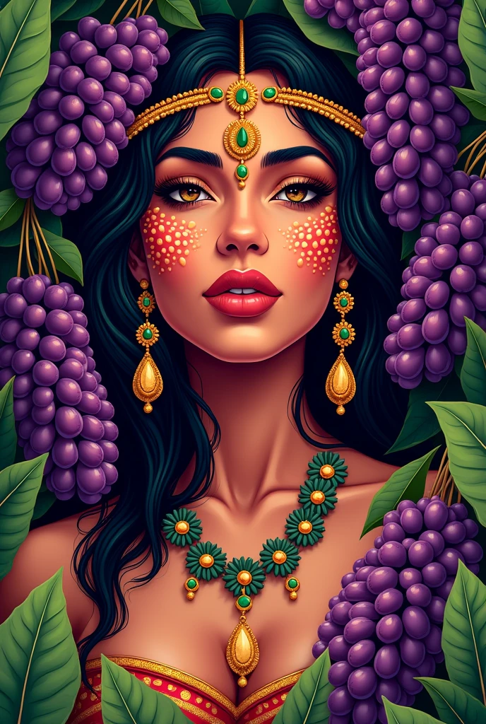 Create an artwork featuring a nude woman embodying the essence of a goddess of abundance and fertility. She is seated gracefully with her knees drawn up, cradling a basket overflowing with various fruits such as grapes, figs, and pomegranates. Her hair is adorned with a crown of flowers and leaves,