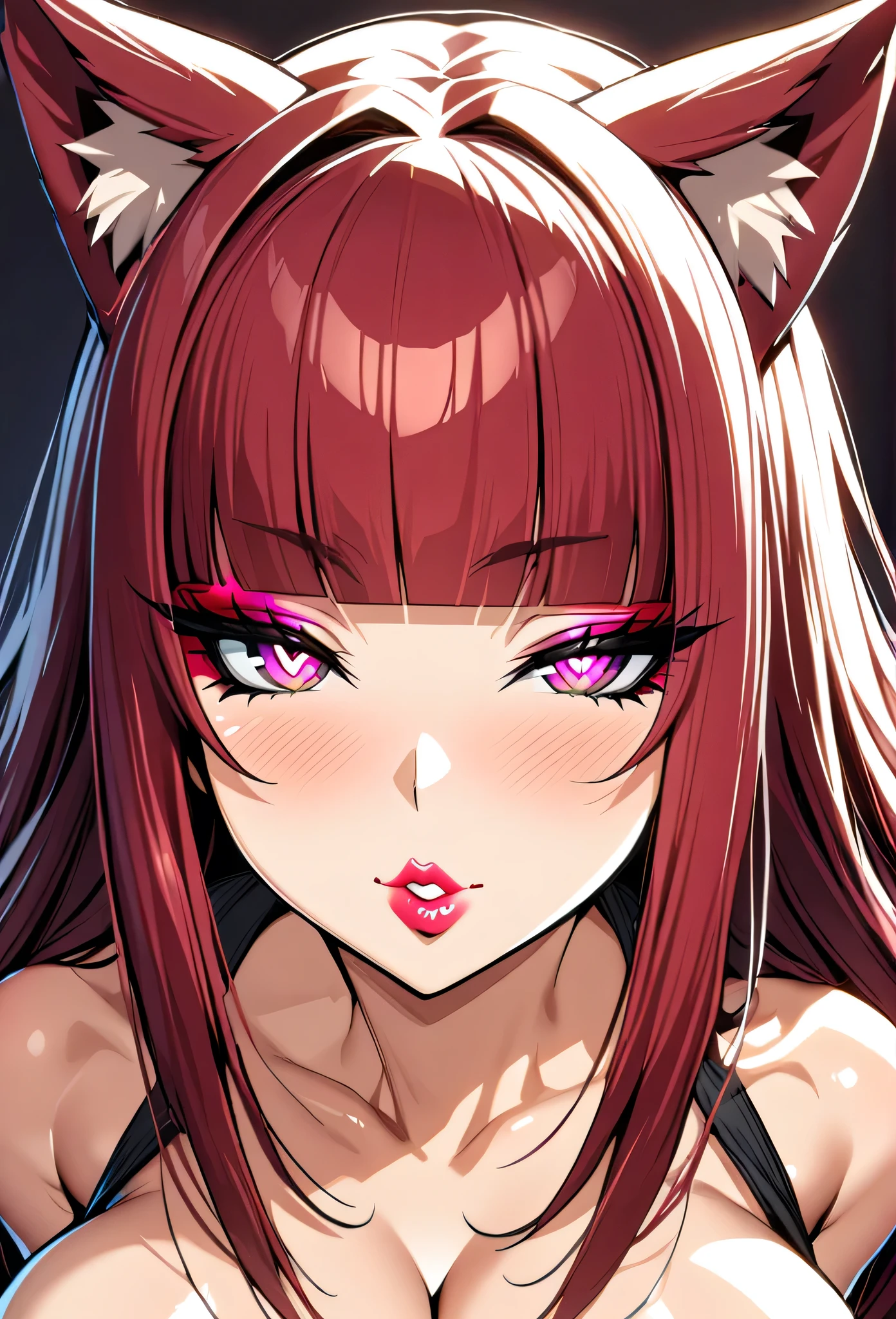 1girl, face focus, kiss, kiss face, incoming kiss, kissing, sleepy eyes, cleavage, (SHARP detail perfect face), (cat ears), (cat girl),maroon red hair,(shiny peach lipstick) (pink eyes), long hair, large breasts, long eyelashes, mature, (smirk, closed lips, big plump lips, eyeshadow) shiny skin, beautiful eyes,(sharp eyes, black sharp pupils), blunt bangs, wispy bangs, naughty look, plain black background, full body