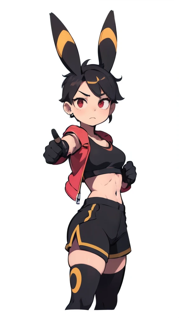 A muscular young woman with jet-black hair styled in a pixie cut, sporting sharp, umbreon-like ears and piercing red eyes. She wears an open black leather jacket over a vibrant pink sports bra, showcasing her toned figure with a slim waist and small breasts. Her lower body is adorned with a black miniskirt layered over form-fitting leggings and minishorts, highlighting her athletic build. She strikes a dynamic, combat-ready pose, donning fingerless gloves with metal knuckles. The scene is illuminated with dramatic, cinematic lighting, capturing every detail of her intense expression and highly detailed, photorealistic features in vibrant 8k resolution.