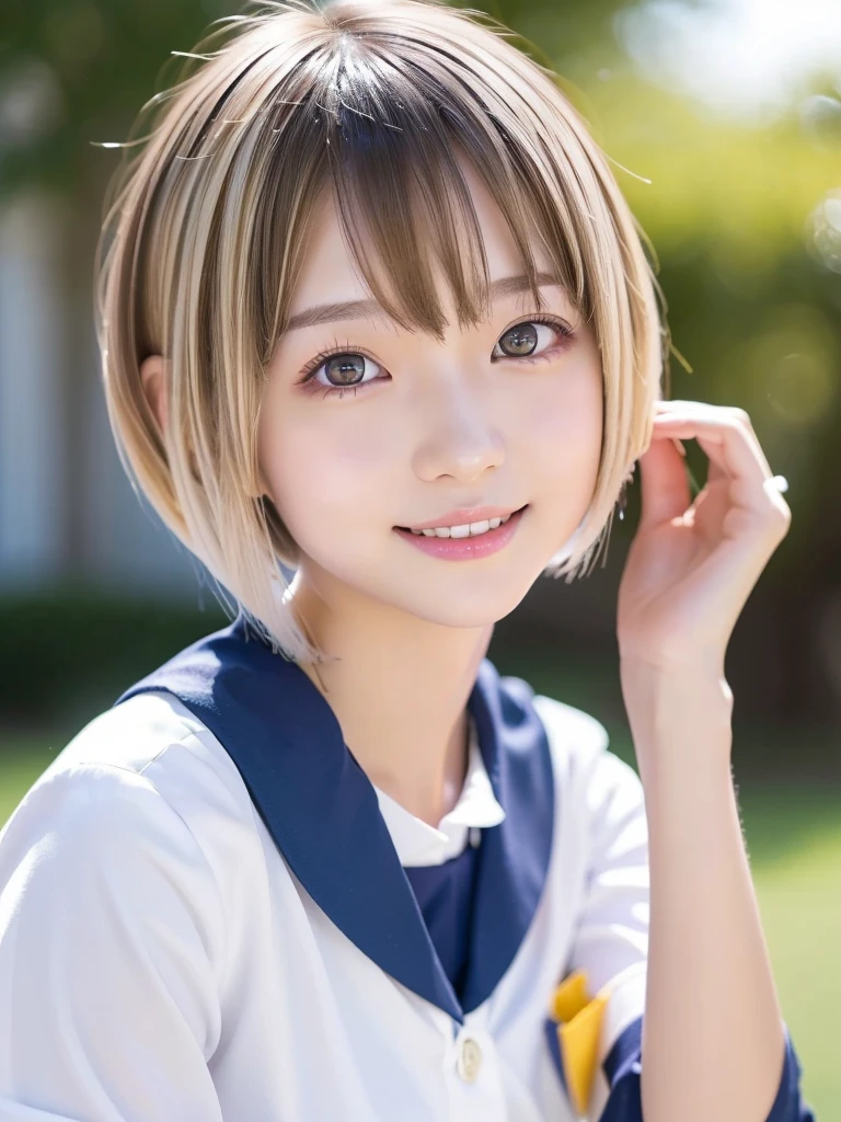 1girl, 14 years old, Famous idol, 1cute girl, very young face, detailed face, cute face, master piece , best quality , woman , bowler hat , bangs , smile , outdoor, Shiny platinum blonde silky super short hair, side locks, beautiful shiny bangs, big clear sky blue eyes, very beautiful light eye highlights, earrings,