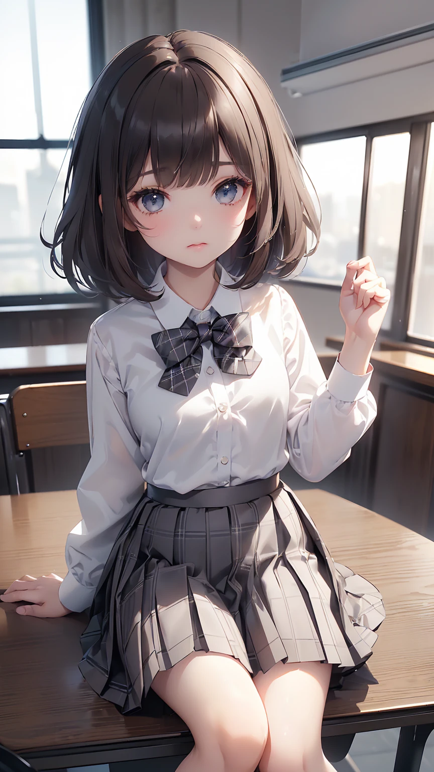 1 girl, Solo, Cute Girl, petite, Best Quality, Ultra-detailed, 8K, High resolution, Detailed face, dark brown hair, bob hair, (((tareme:1.5, downer))), (((school uniform, white collared shirt, bowtie, pleated skirt, gray skirt, plaid skirt, long skirt, white socks))), 60cm length