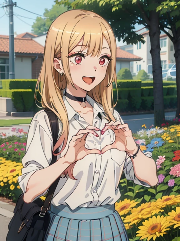 (masutepiece, Best Quality, hight resolution, nffsw, Perfect Pixel, depth of fields, 4K), Beautiful anime girl, Perfect body ,,, kitagawa marin sb, long hair, blonde hair, red eyes, multicolored hair, earrings, school uniform, choker, white shirt, pleated skirt, blue skirt , ,, (heart hands:1.2), flower garden, many flower , smile , open mouth, outdoor,
