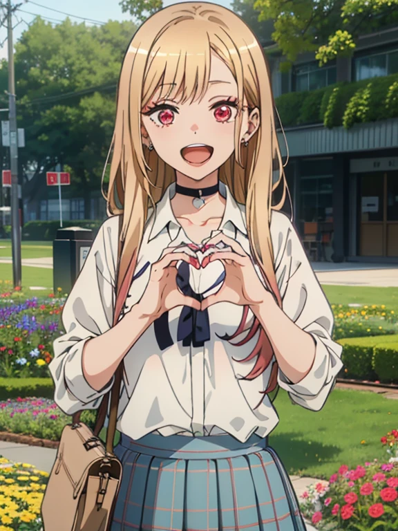 (masutepiece, Best Quality, hight resolution, nffsw, Perfect Pixel, depth of fields, 4K), Beautiful anime girl, Perfect body ,,, kitagawa marin sb, long hair, blonde hair, red eyes, multicolored hair, earrings, school uniform, choker, white shirt, pleated skirt, blue skirt , ,, (heart hands:1.2), flower garden, many flower , smile , open mouth, outdoor,
