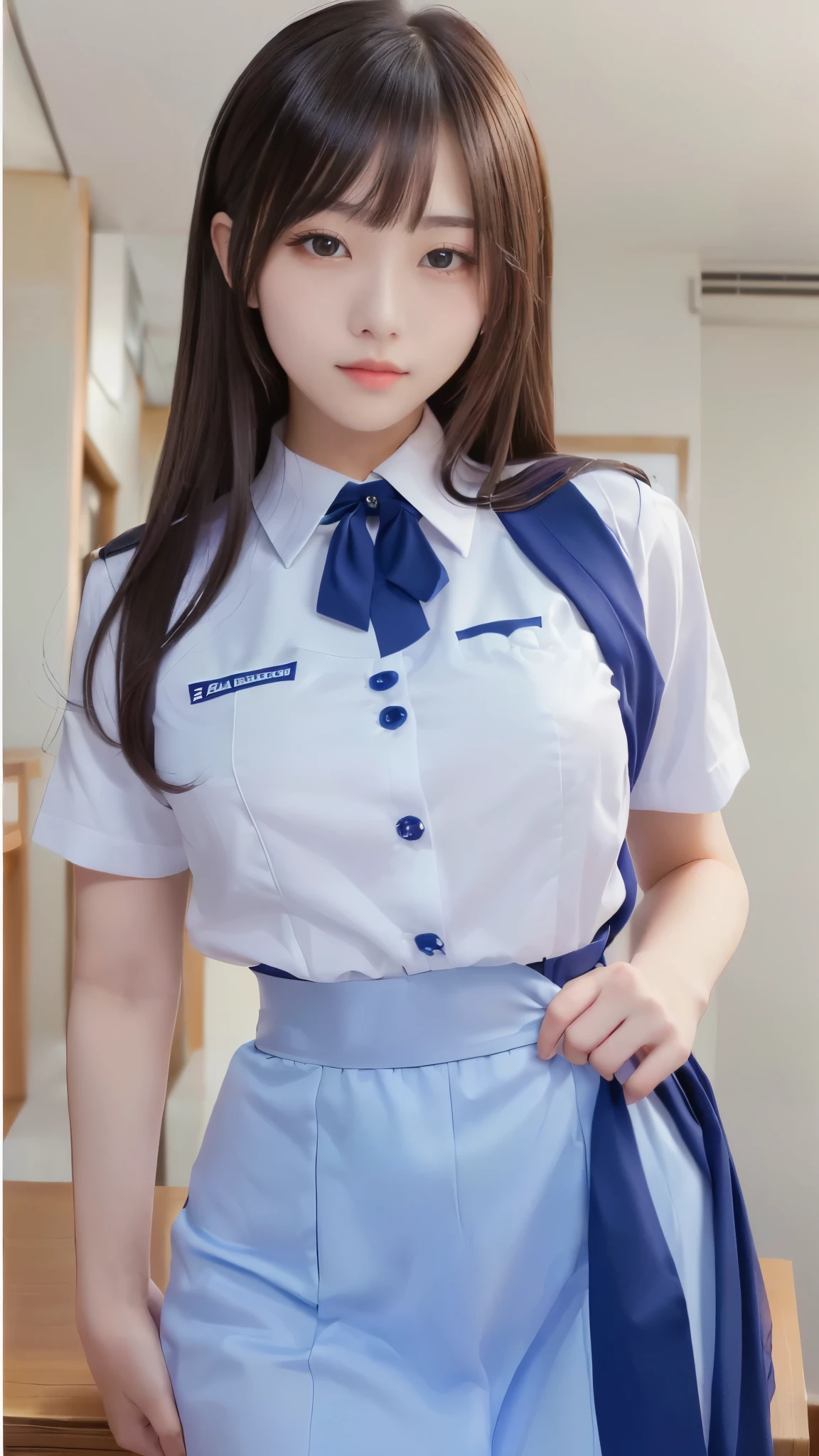 (masterpiece:1.2), Japanese, (((18 years old))), (a girl), (opened mouth wide), (skirt), ((small ribbon)), (((legs spread wide))), ((mouth mask)), on a bed, (((panty))), ((collared shirt)), (plump), hair bun,