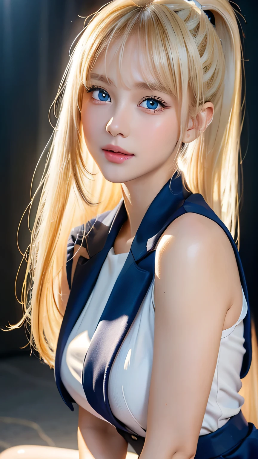 Portrait、School uniform、Bright expression、ponytail、Young, lustrous, glowing, white skin、Cheek highlight、The best beauty、Crystal clear blonde hair with dazzling highlights、Shiny bright hair,、Super long silky straight hair、Shiny, beautiful bangs、Big blue eyes like sparkling jewels、Very beautiful lovely cute girl、Ample Bust