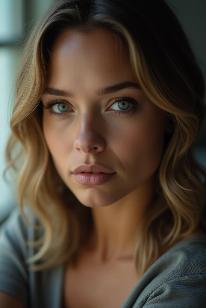arafed woman with long hair and blue eyes looking at the camera, soft portrait shot 8 k, medium portrait soft light, portrait soft light, portrait soft low light, 7 0 mm portrait, beautiful portrait lighting, 60mm portrait, cinematic headshot portrait, 50 mm lens photo portrait, soft lighting and focus, soft portrait, 50mm portrait