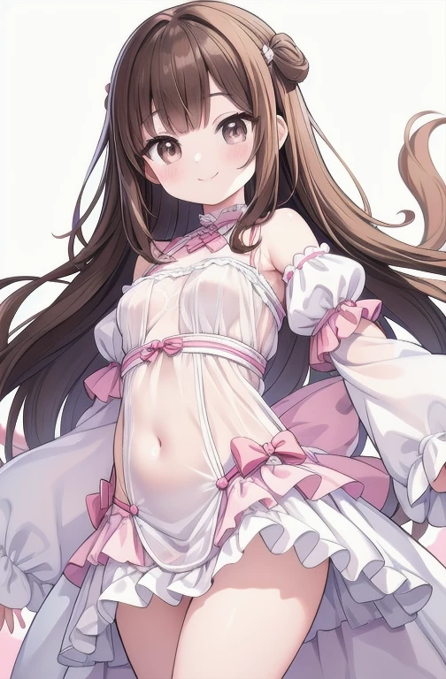 very aesthetic, best quality,((elegant,noble,lady)),(1girl),li,(10pink leotard, ring costume,hair ribbon,(cute),huge breasts,covered nipple,puffy nipple,white elbow sleeve,pink choker,very long hair, brown eyes,brown hair,pink kneehighs,garter straps garter belt,lace sleeves, lace trim, ribbon braid, center frills,bed,night,nsfw,bare navel,cameltoe,(shy,blush,embarrassed,in heat:1.5),big ass,steam,tareme,droopy eyes,anguish,