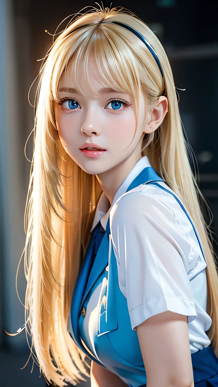 Portrait、School uniform、Very beautiful baby face、Bright expression、ponytail、Young, lustrous, glowing, white skin、Cheek highlight、The best beauty、Crystal clear blonde hair with dazzling highlights、Shiny bright hair,、Super long silky straight hair、Shiny, beautiful bangs、Big, bright blue eyes like sparkling jewels、Very beautiful lovely cute girl、Ample Bust